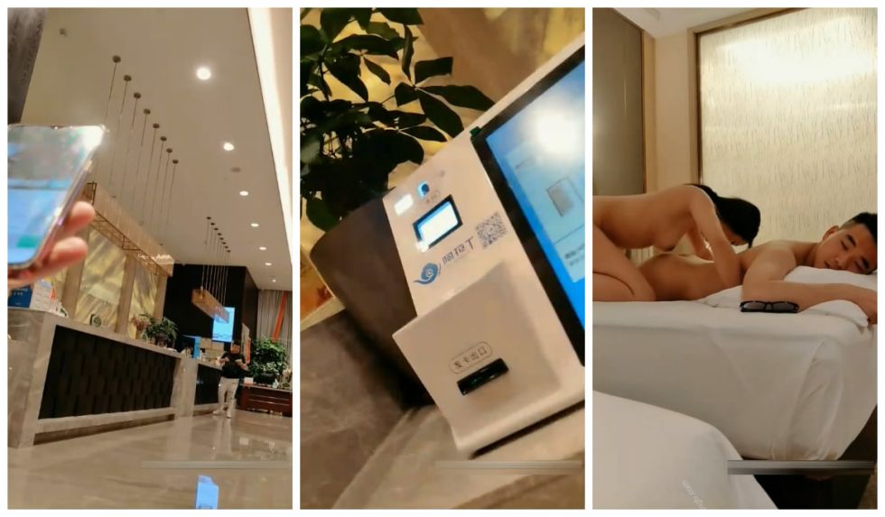 眼鏡男高級會所找位特別性感漂亮的女技師做全套服務,偷偷打開手機直播被美女發現