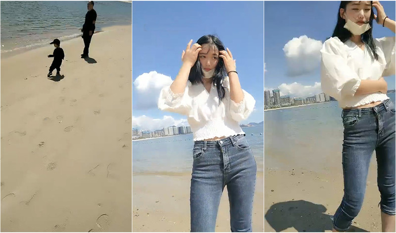 帶著高顏值嫩妹沙灘散步，旁邊都是人，撩起上衣就露出一對大白兔，找個角落吃J8