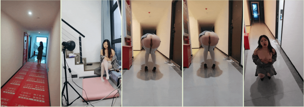 大學生情侶自拍 眼鏡騷逼【洛洛】酒店走廊大玩露出，完美露臉，白絲肉臀表情淫