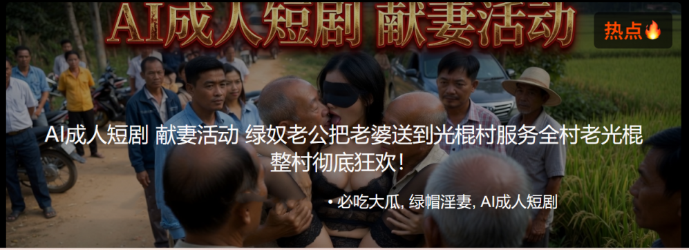 AI 成人短劇：妻子獻祭活動。綠色奴隸丈夫派妻子去單身漢村服侍所有老單身漢。整個村子歡欣鼓舞！